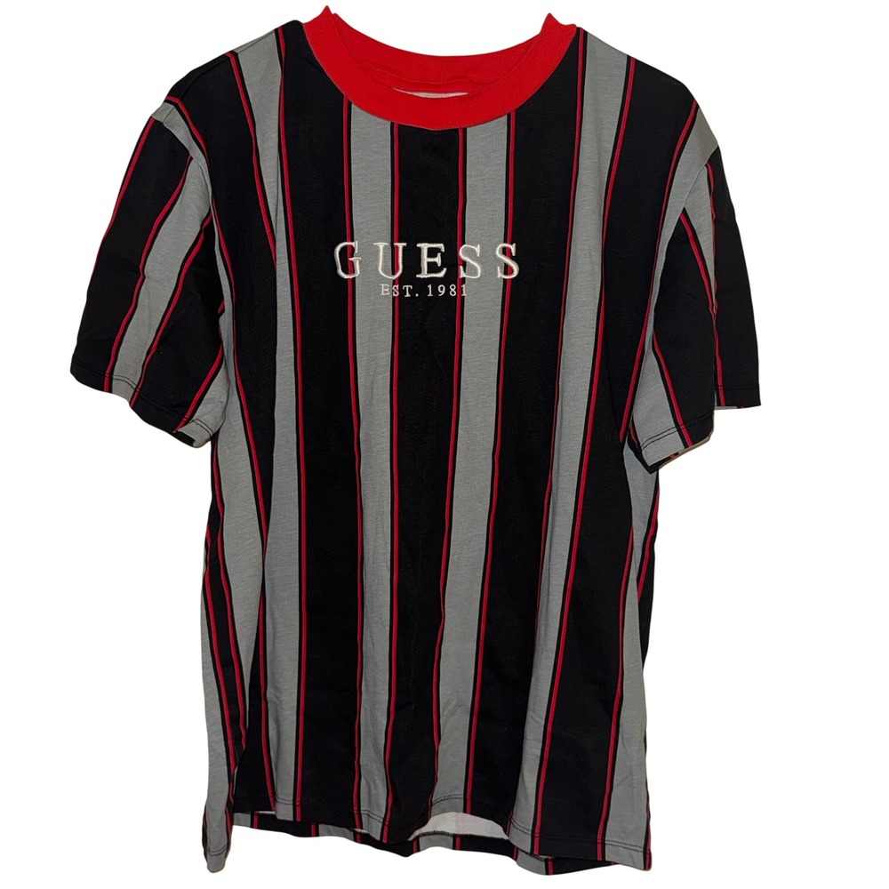 Guess Striped Logo T-Shirt Red Black Gray Short‎ Sleeve Cotton Size Small